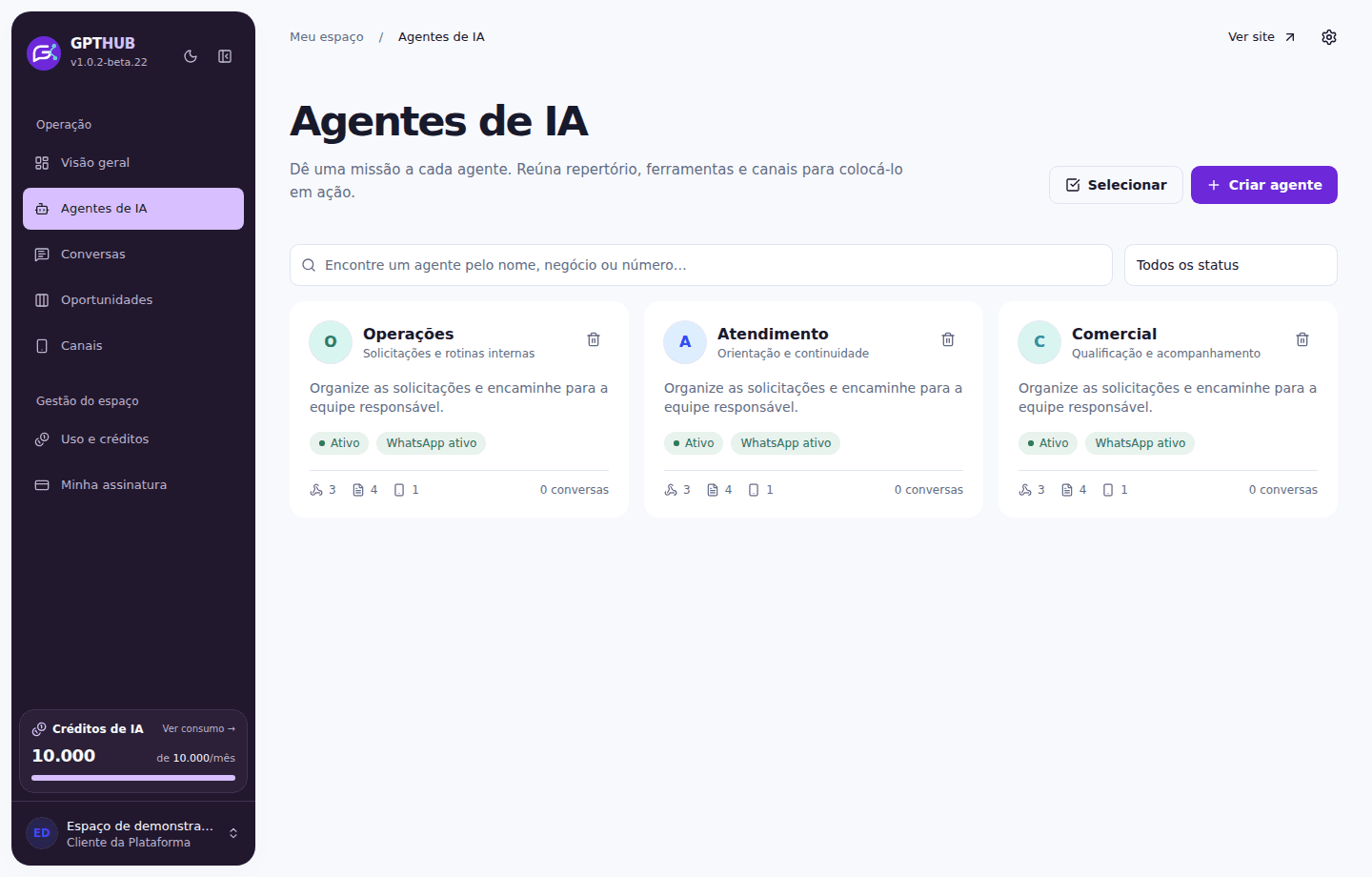 Tela do GPTHUB: Agentes com contexto